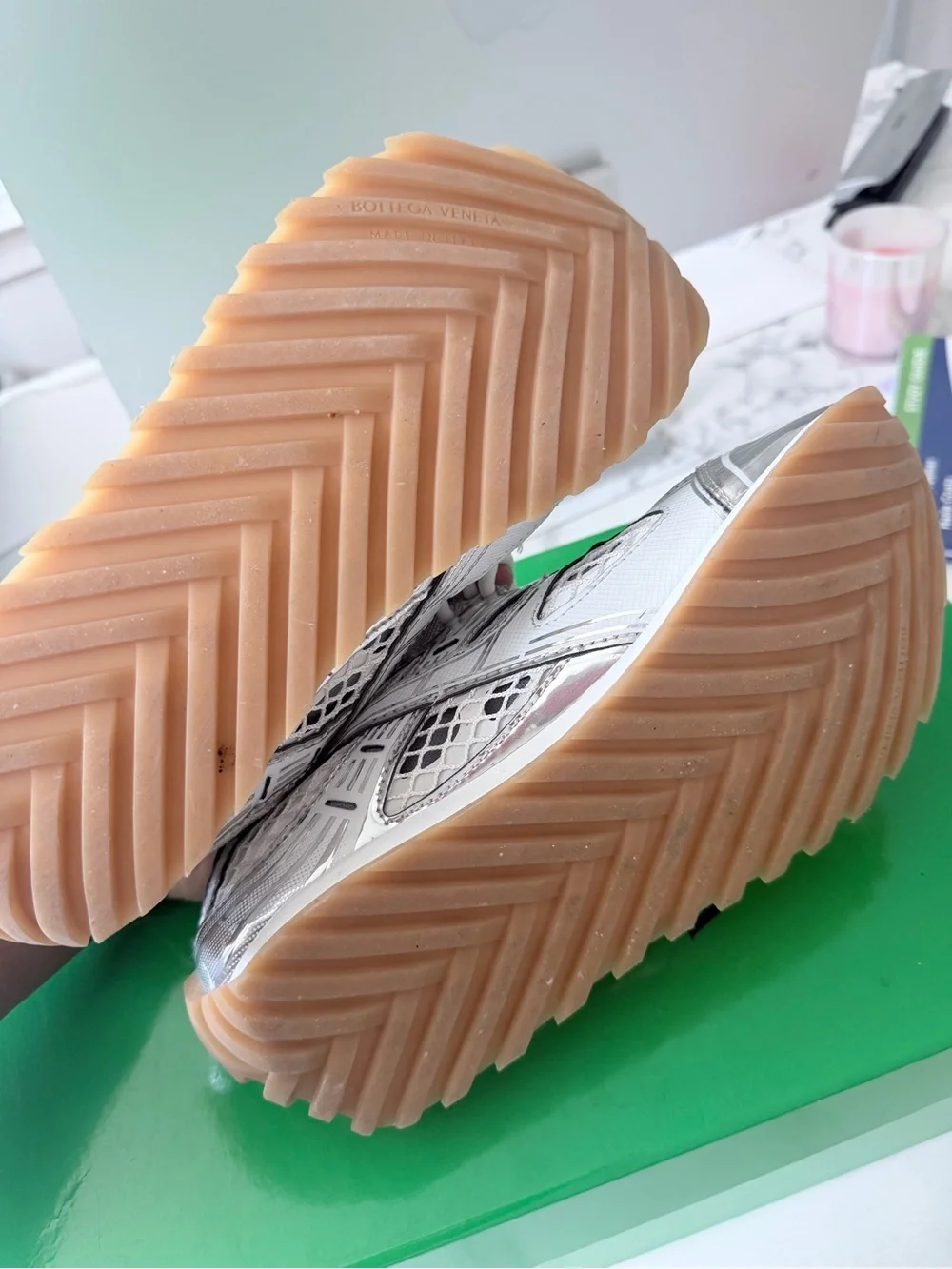Bottega Veneta Silver, White & Green Kids Sneakers